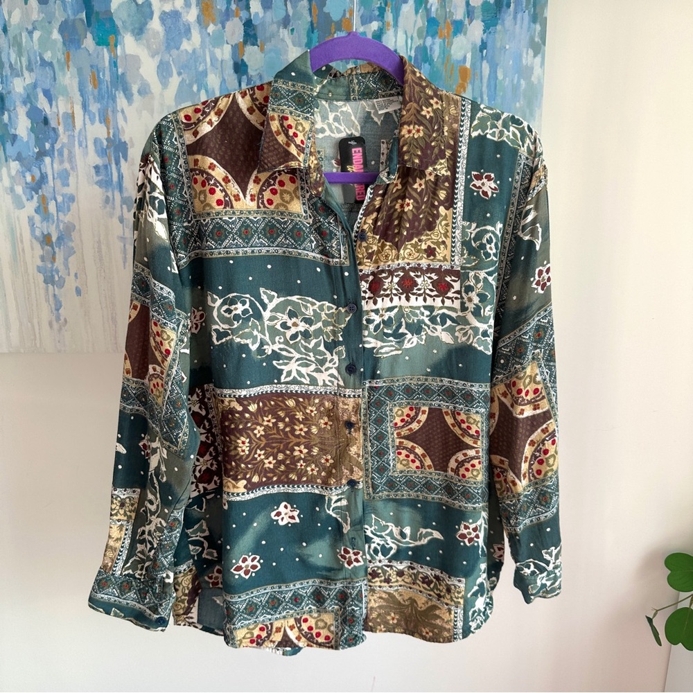 Stylish Green Patchwork Button Down Shirt